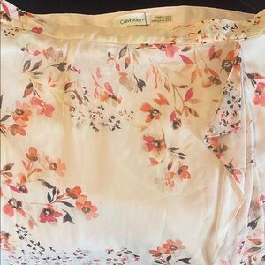 Calvin Klein Cream Satin Floral Slip Skirt with Coral and Peach Blooms